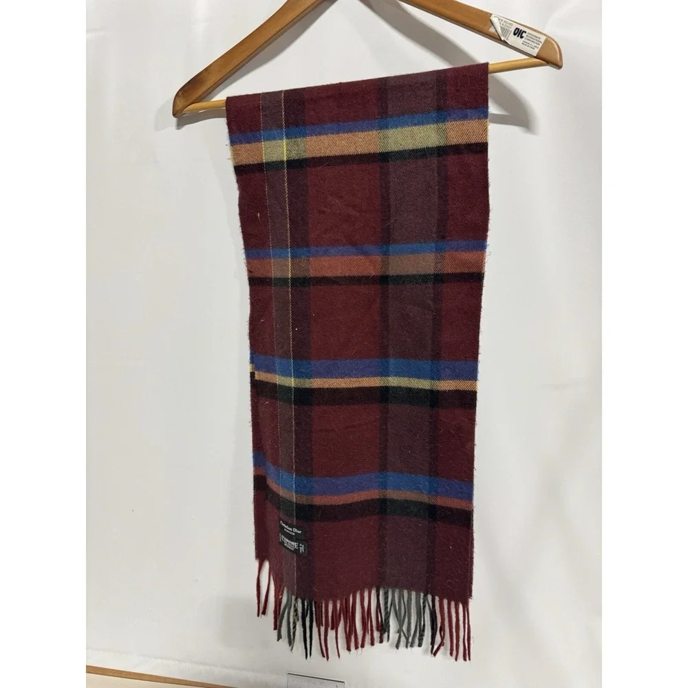Vintage Christian Dior Monsieur Scarf Plaid  Cashmaire Acrylic Japan Red Blue